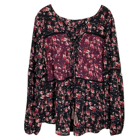 NWOT KNOX ROSE Top XXL Floral Embroidery Crochet Tiered Bow Lace Up Black Red - Picture 2 of 6